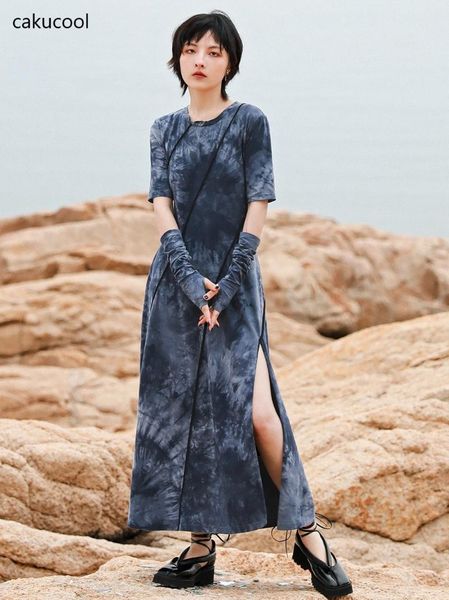 

party dresses cakucool summer elegant and beach sleeve dress retro personality tie-dye blue shown high clash edge slits, White;black