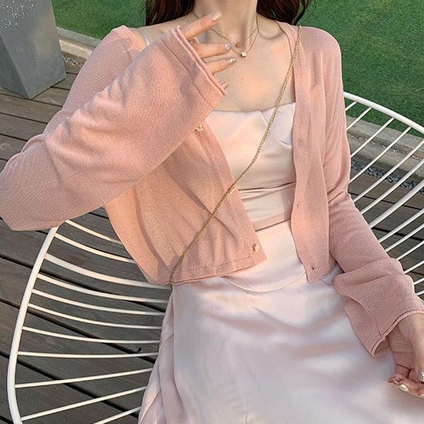 

women's knits & tees girl summer knitted jacket slim short cropped cardigan women sweater full sleeve v-neck blouse, White