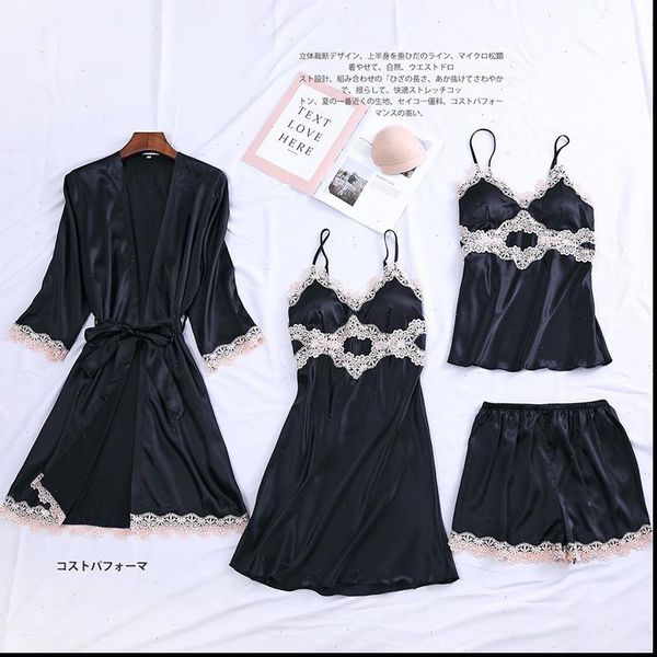 

casual satin nightwear pajamas women sleepwear 4pcs sleep set bride bridesmaid wedding robe silky intimate lingerie pyjamas suit, Black;red