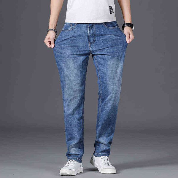 

jeans slim straight 2021 light blue casual elastic men's denim pants
