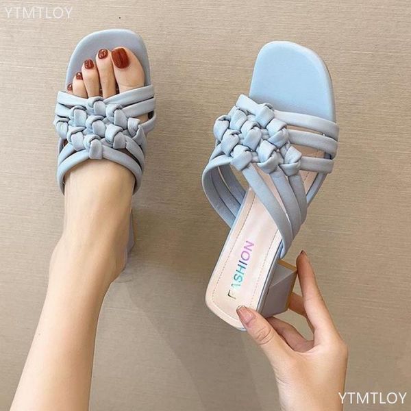 

candy colors soft leather women slippers fashion square toe weave mules sandals summer zapatillas mujer casa, Black