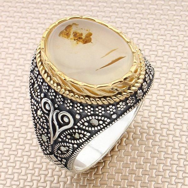 

cluster rings oval yemen agate stone silver ring vintage men bronz color big heavy solid 925 sterling, Golden;silver