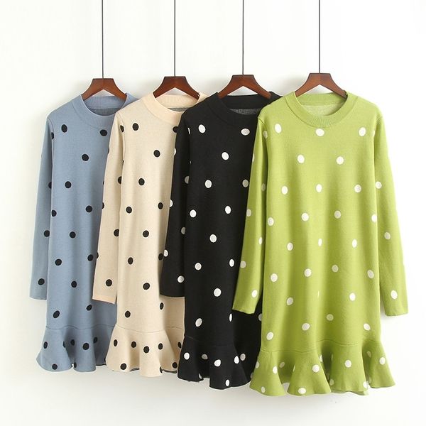 Donne Maglione Pullover Green Beige Black Blue Blue Polka Dot Ruffle a maglia Ginocchio D'allargia A Linea Autunno Abito invernale D1380 210514