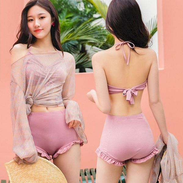 

one-piece suits women split swimsuit lacing sling net yarn bikini backless female beachwear three suit without chest pad spring sweet