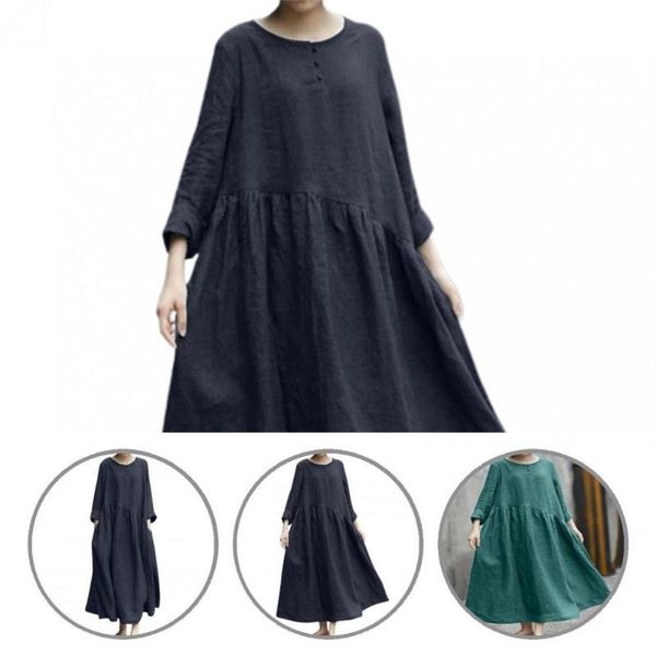 

casual dresses skin-touch vintage loose fit large hem maxi dress buttons decor baggy o-neck for vacation, Black;gray