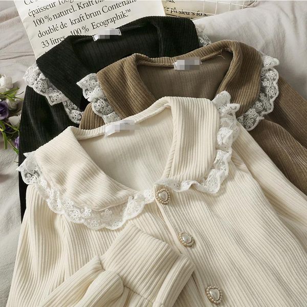 

women's blouses & shirts korean vintage lace patchwork female office lady elegant doll collarspring and autumn single breastedslim all-, White