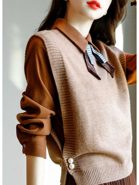 

spring autumn knitted vest fold design sense of coat loose short style with sweater inside ma jianv, White