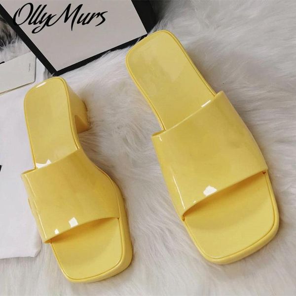

ollymurs spring lady slippers fresh jelly colored sandals all-match leisure high-heeled square heel buty damski, Black