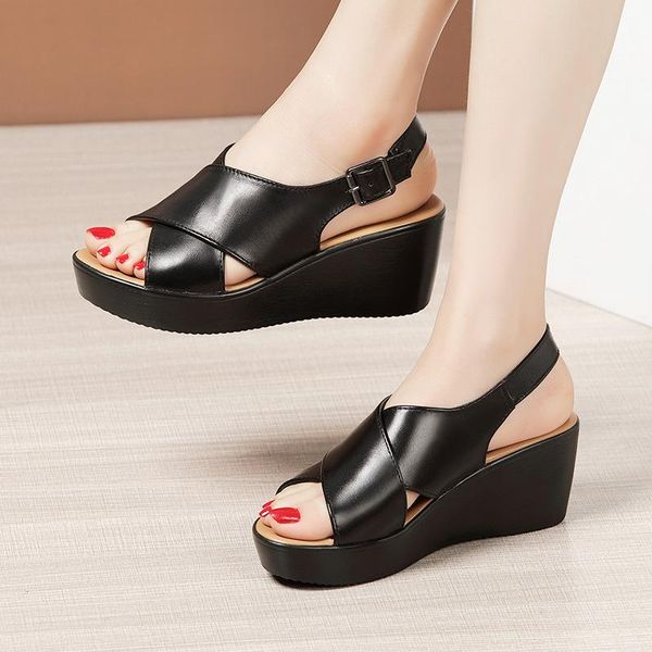 

sandals plus size 32-43 back buckle platform wedges summer shoes 2021 casual beach shoe medium heels for mother, Black