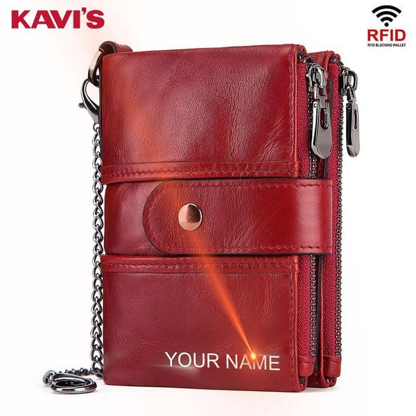 

kavis rfid genuine leather engraving quality wallet women crazy horse wallets coin purse short male mini money bag girls, Red;black