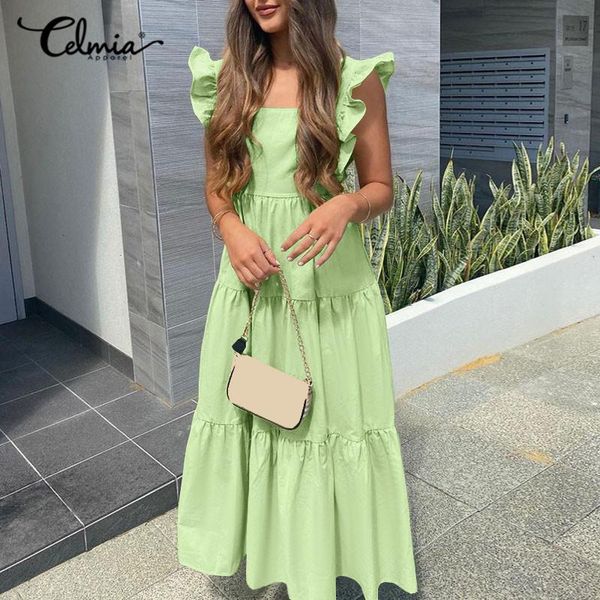 

casual dresses s-5xl plus size women maxi dress celmia bohemian ruffled bandage backelss sundress sleeveless square collar vestidos sum, Black;gray
