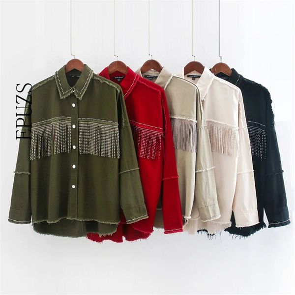 

vintage black tassel denim jacket women streetaear long sleeve coat casual office jeans 210521, Black;brown