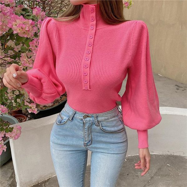 

women's sweaters korea street s style lantern sleeve slim fit high collar button bottomed sweater winter, White;black