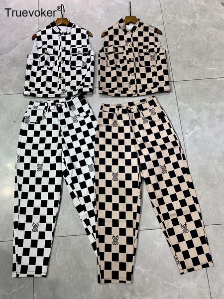 

women's two piece pants truevoker women european high end fashion pant sets lady chic color block plaid print + pencil pieces, White
