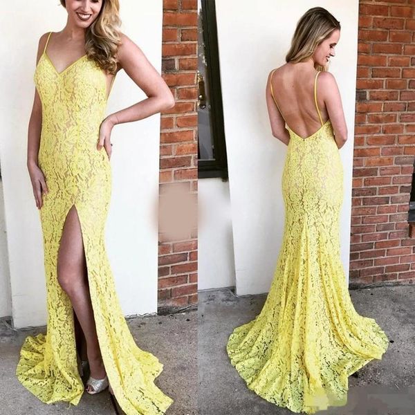 

party dresses backless yellow lace evening spaghetti straps side slit sweep train custom made prom gowns formal occasion we, White;black