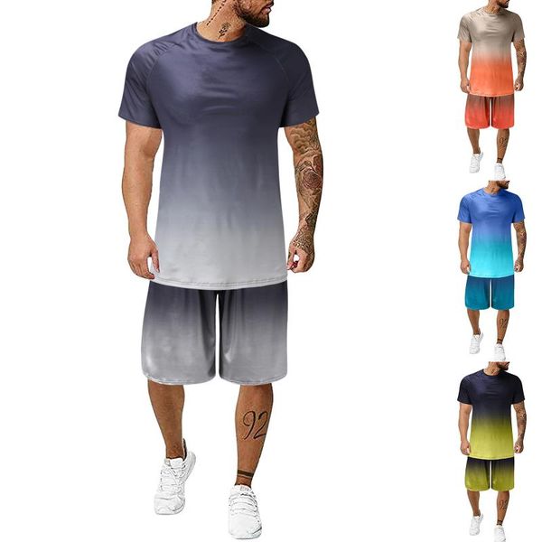 

men's tracksuits summer sets ropa fashion casual gradient color short sleeve tshirt+shorts homme set ensembles men clothing 2021, Gray