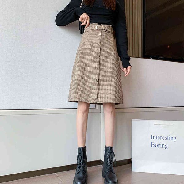 

skirts chess of mid-length wool skirt, half waist high, thin houndstooth, korean style line to female abnj, Black