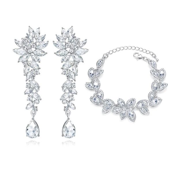

earrings & necklace color horse eye shape wedding jewelry sets leaf cluster bridal bracelet for women, Silver