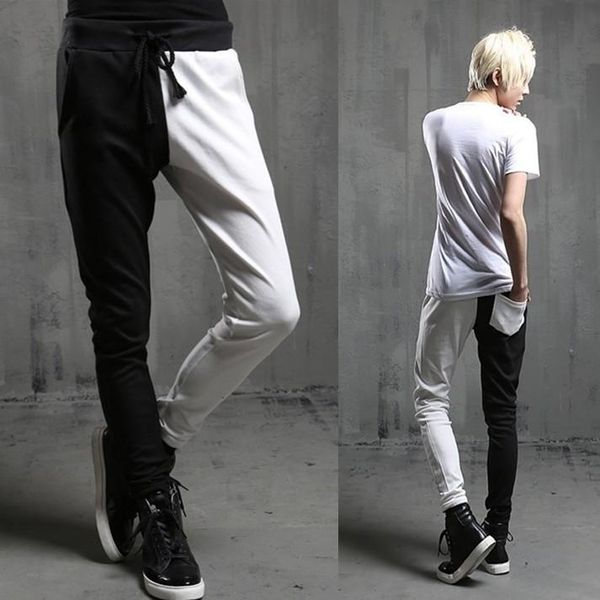 

men's spring casual pants the trend slim skinny of black and white patchwork stage singer costumes