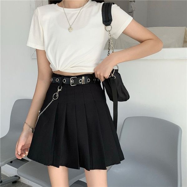 

ybyr summer skirt woman y2k zip pleated skirt belt korean high waist a-line mini short plaid skirts 2021 harajuku uniforms, Black