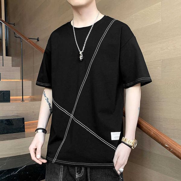 

t-shirt short sleeve men's fashion brand summer 2021 cotton half loose ice silk t-shirt, White;black