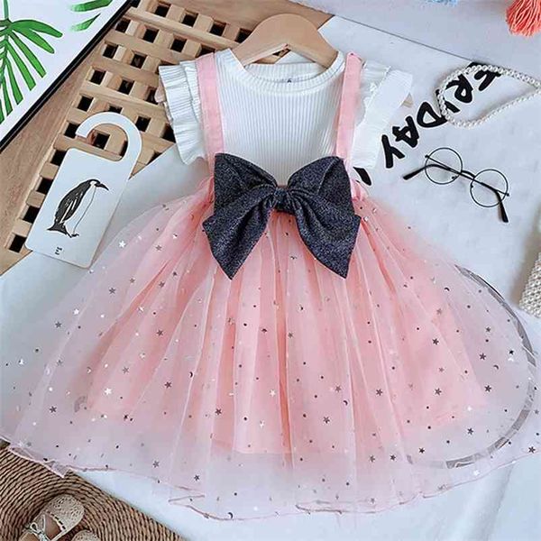 

summer girls' clothing sets princess flying sleeve mesh gauze big bow skirt 2pcs baby kids clothes suit children 210625, White