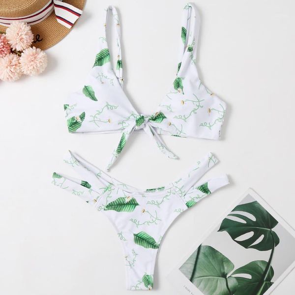 

4# women's swimwear bikini set 2021 women bow plant print multi color solid high waist split swimsuit bikinis, White;black