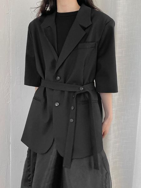 

women's suits & blazers superaen 2021 fashion black long women three quarter sleeve solid buttons belt casual jackets office lady blaze, White;black