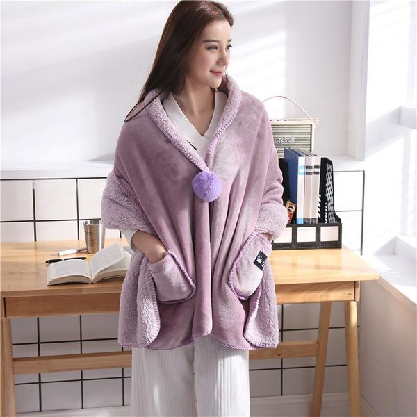 

blankets lady shawl blanket with button multi-function flannel lamb wool solid wearable keep warm cozy
