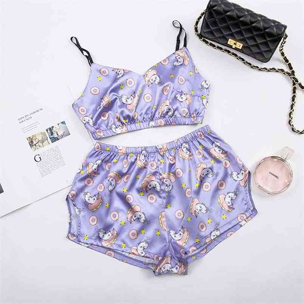 Sexy sleepwear unicórnio adorável verão pijama mulheres 2 peça conjunto casual cetim pijama feminino homewear sem mangas nightwear 210830