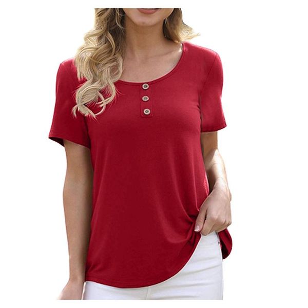 

women's t-shirt fashion short sleeve round neck solid color button, White