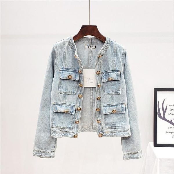 

women's jackets 2021 fashion design button denim jacket women slim o-neck long sleeve jeans vintage wash short coat outerwear, Black;brown