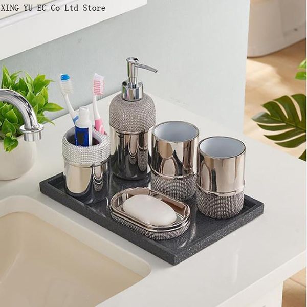 

bath accessory set golden resin bathroom supplies, toothbrush holder, mouthwash cup, soap dish, lotion bottle, tray decoration accessories