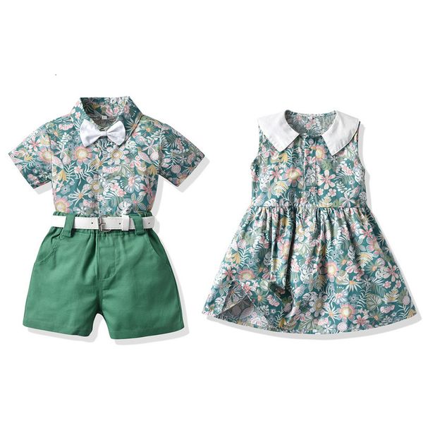 

summer children's floral short sleeve shirt, two-piece set, one belt for free, Blue