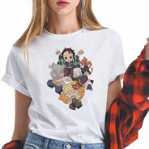 

demon slayer kimetsu no yaiba womens t shirt kawaii japanese anime tanjirou kamado graphic tees harajuku cartoon female, White