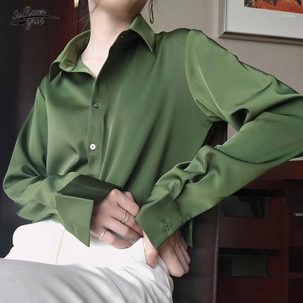

women's blouses & shirts korean blouse loose long-sleeved avocado green shirt elegant women silk retro clothes 12610, White