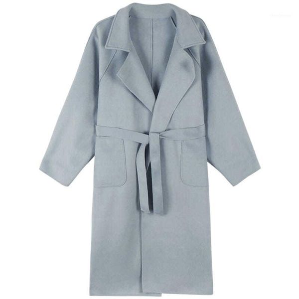 

women's wool & blends 2021 autumn/winter woolen coat women loose lapel big pocket over the knee elegant female outerwear overcoat, Black