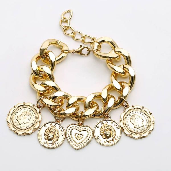 

link, chain 2021 trendy relief portrait coins bracelet alloy on hand women accessories fashion jewellery the gift, Black