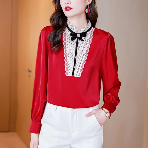 

casual summer t shirt for women lace patchwork long sleeve 2021 broadcloth chiffon women's t-shirt, White