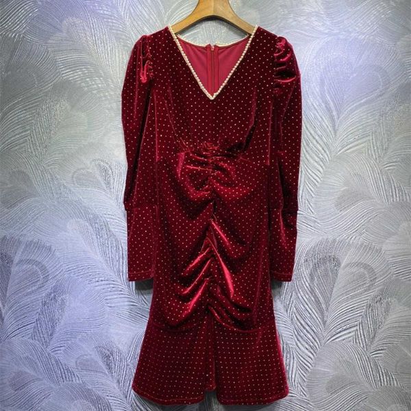 

casual dresses autumn women's winter pearls v-neck velvet dress fashion women long sleeves polka dot party c726, Black;gray