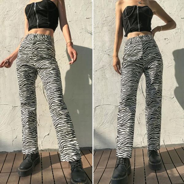 

chic fashion white and black womens pant animal zebra print trousers high waist female flares pants street wear, Black;white