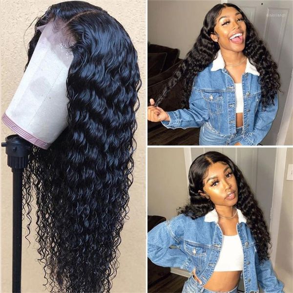 

deep wave closure wig 13*1 part lace human hair wigs brazilian for black woman 18-28 inch aphrohair1, Black;brown