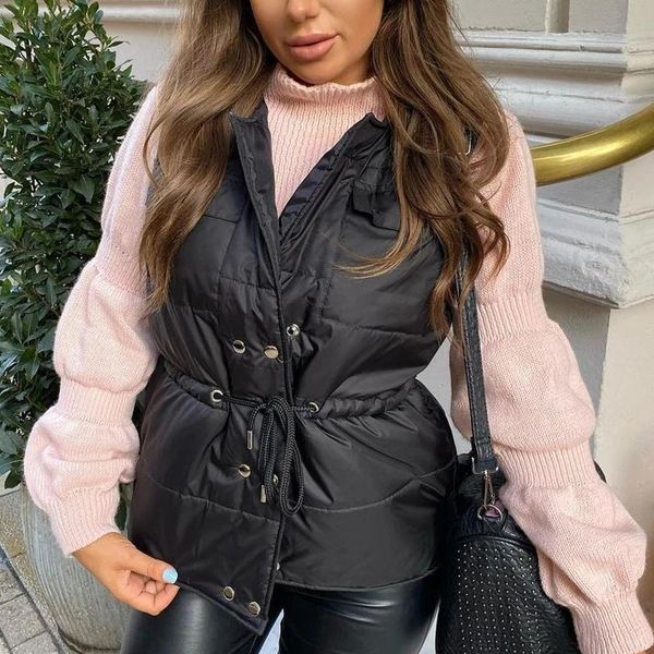 

women's vests floy fashion solid notched women elegant drawstring tie belt slim coats double breasted pockets cotton ladies, Black;white