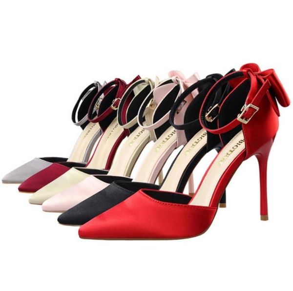 

dress shoes korean style women's stiletto high heel shallow pointed toe bowknot satin buckle sandals women party wedding bride, Black