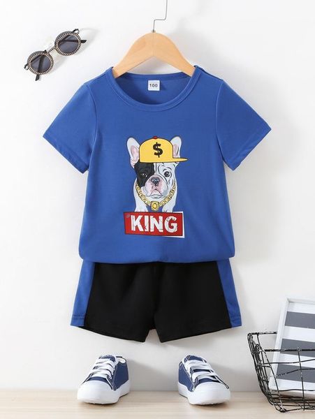 

toddler boys letter & dog print tee & color block shorts she, White