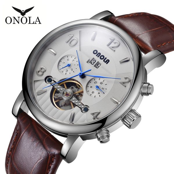 

onola business automatic mechanical flywheel men's all leather waterproof watch, Slivery;brown