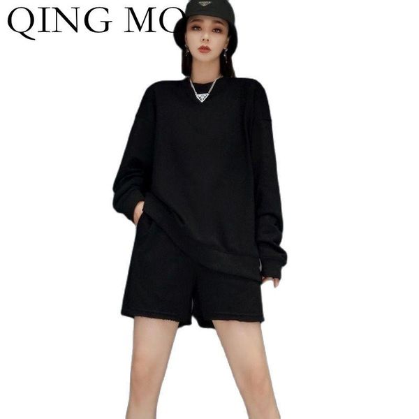 

women's tracksuits qing mo summer fashion solid color women sets long sleeved sweater + shorts two piece 2021 casual sports black zwl52, Gray