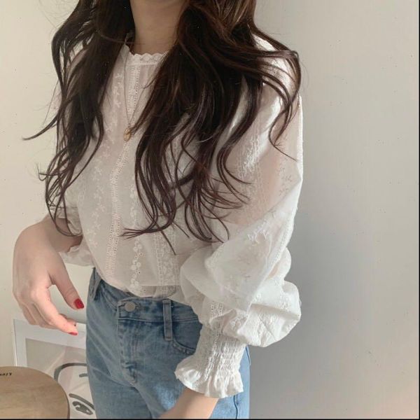 

white chic cotton girls women shirts sweet gentle streetwear all match stylish lace lantern sleeves