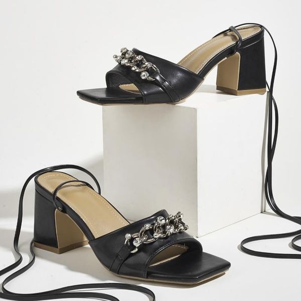

sandals women summer metal shoes ladies slides high heel outdoor slippers woman partysquare toe female pumps, Black
