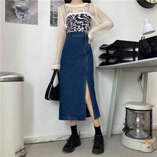 

chic harajuku jeans skirt womens autumn split denim femme high waist long s vintage side zipper saia 210708, Black